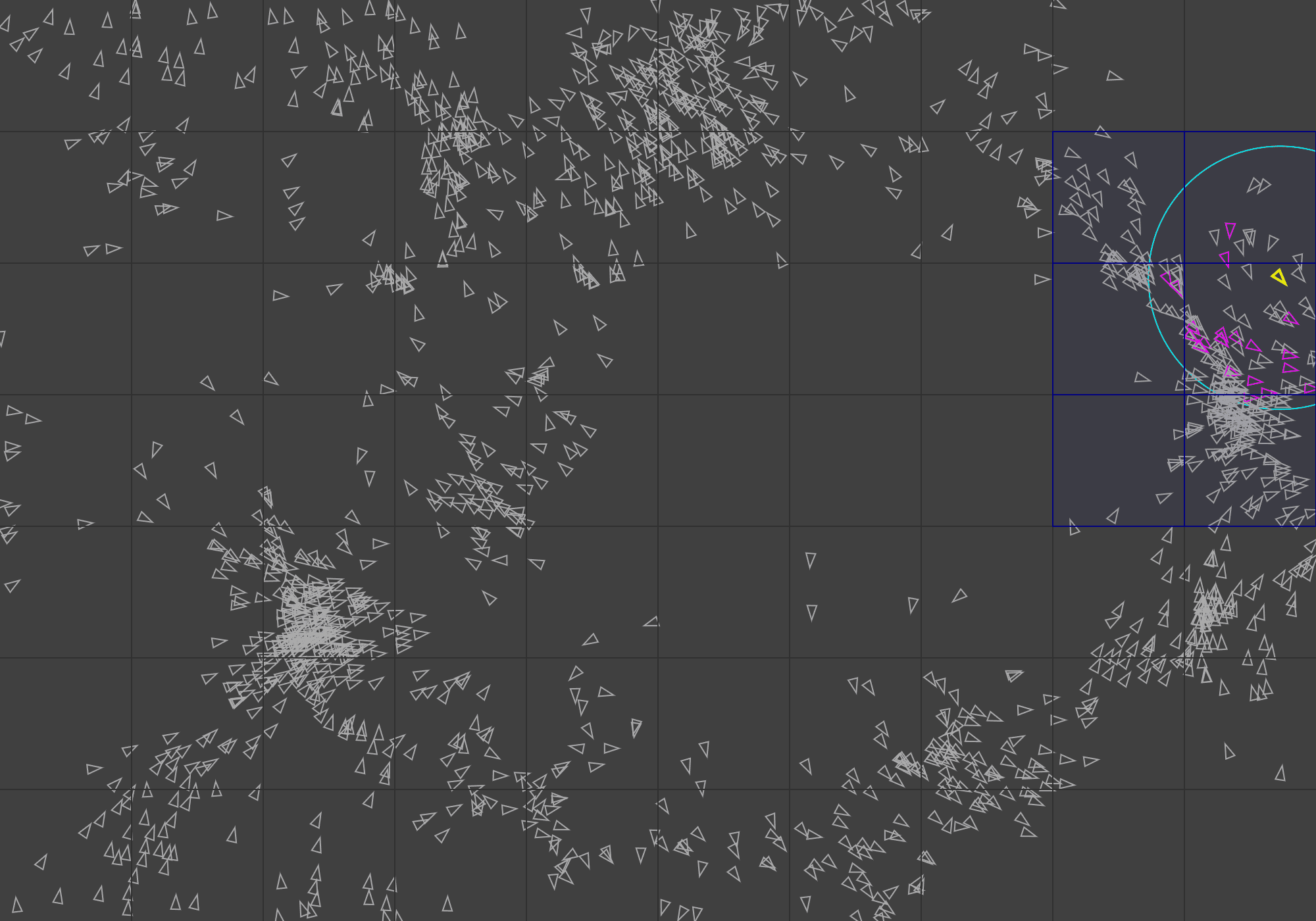 Boids implementation with space division and other optimisations (p5.js version)