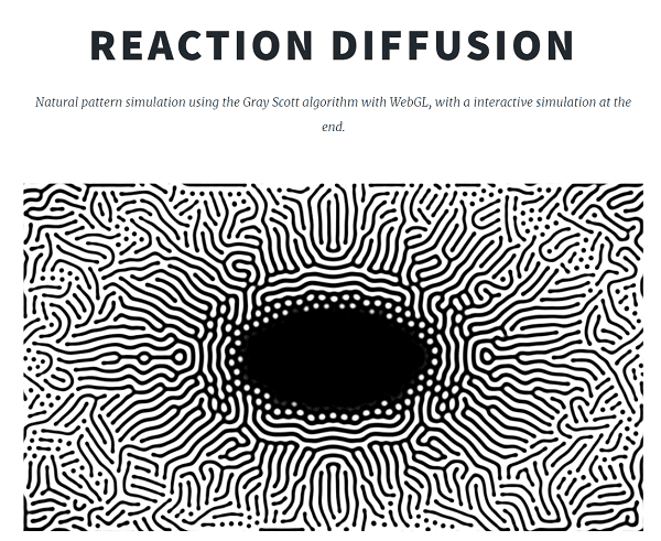 Reaction diffusion blog and THREE.js implementation (interactive simulation at the end of the blog)